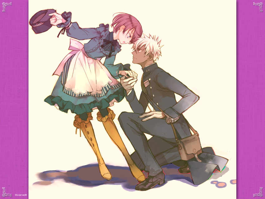 1girl, a_(shiei_no_sona-nyl), akira_(kaned_fools), apron, blue_eyes, boots, bowing, couple