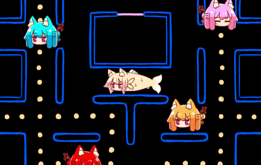 5girls, animal, animal_ear_fluff, animal_ears, animalization, blinky_(pac-man), blonde_hair, blue_hair
