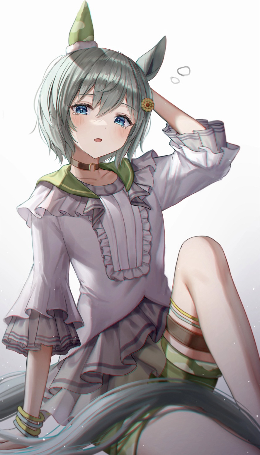 1girl, animal_ears, black_choker, blouse, blue_eyes, choker, collared_shirt, commentary