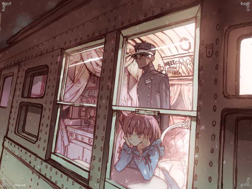 a_(shiei_no_sona-nyl), chin_rest, hat, highres, lily_(shiei_no_sona-nyl), shiei_no_sona-nyl, short_hair, train