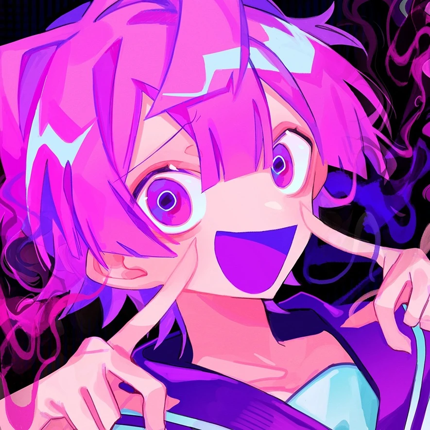 1boy, album_cover, blunt_bangs, blunt_ends, carl_(guchiry), cover, hair_between_eyes, himanemuitoma, index_finger_raised, looking_at_viewer, open_mouth, pink_hair, pointing, pointing_at_self, purple_sailor_collar, sailor_collar, schadenfreude_(vocaloid), simple_background, smile, solo, violet_eyes, vocaloid
