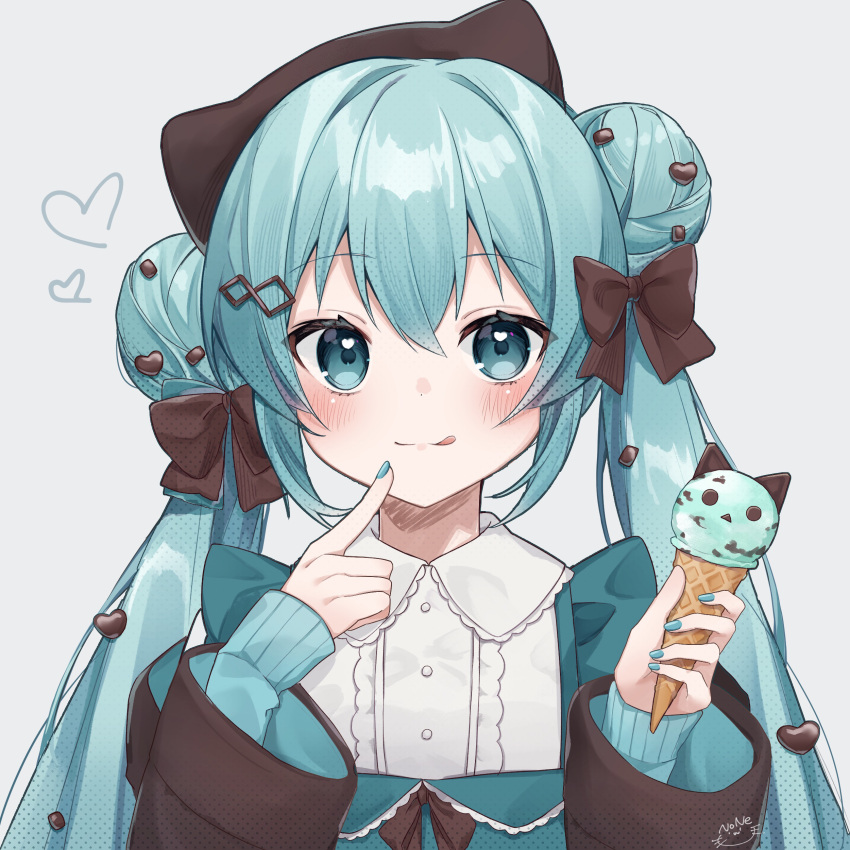 1girl, :p, absurdres, alternate_costume, alternate_hairstyle, apron, black_headwear, blush, bow, brown_footwear, brown_jacket, center_frills, commentary, double_bun, finger_to_cheek, frills, green_apron, green_eyes, green_hair, green_nails, grey_background, hair_bow, hair_bun, hair_ornament, hat, hatsune_miku, heart, heart_hair_ornament, highres, holding, holding_ice_cream_cone, ice_cream_cone, jacket, looking_at_viewer, mint_chocolate, nail_polish, noneon319, shirt, simple_background, smile, solo, tongue, tongue_out, upper_body, vocaloid, white_shirt