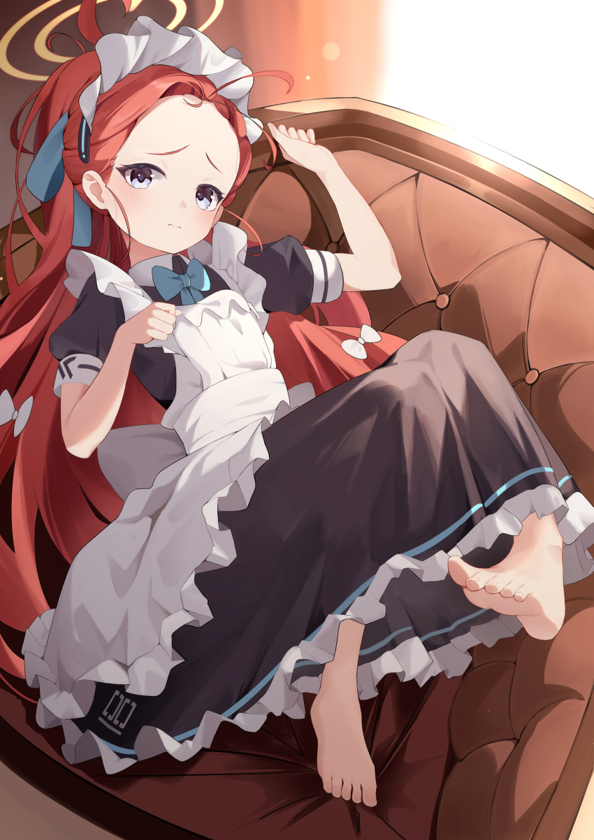 1girl, absurdres, apron, barefoot, black_dress, blue_archive, blush, closed_mouth