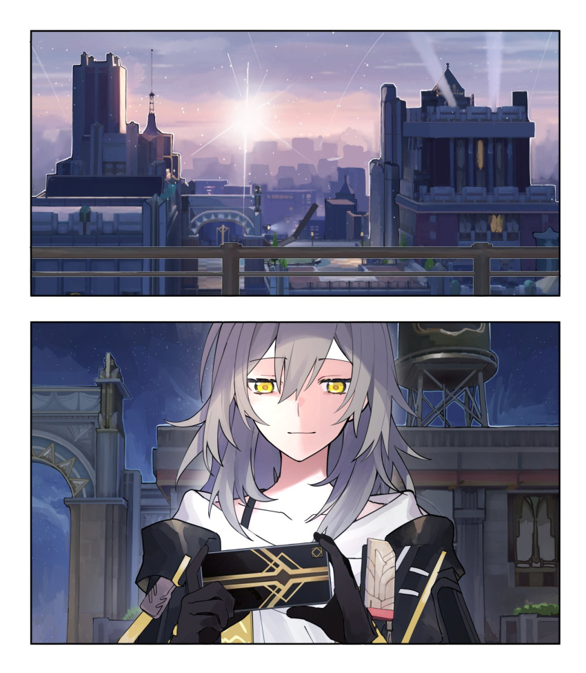 1girl, black_gloves, black_jacket, border, building, cellphone, city, cityscape