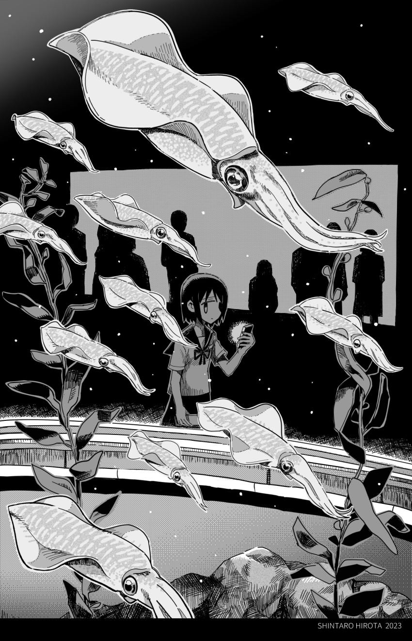 1girl, aquarium, aremoyou, arm_at_side, artist_name, breast_pocket, closed_mouth, commentary_request, dated, expressionless, flock, greyscale, hand_up, highres, holding, holding_phone, light_particles, looking_at_animal, looking_to_the_side, monochrome, neck_ribbon, original, people, phone, pocket, ribbon, school_uniform, seaweed, serafuku, short_sleeves, silhouette, solo_focus, squid, wide_shot
