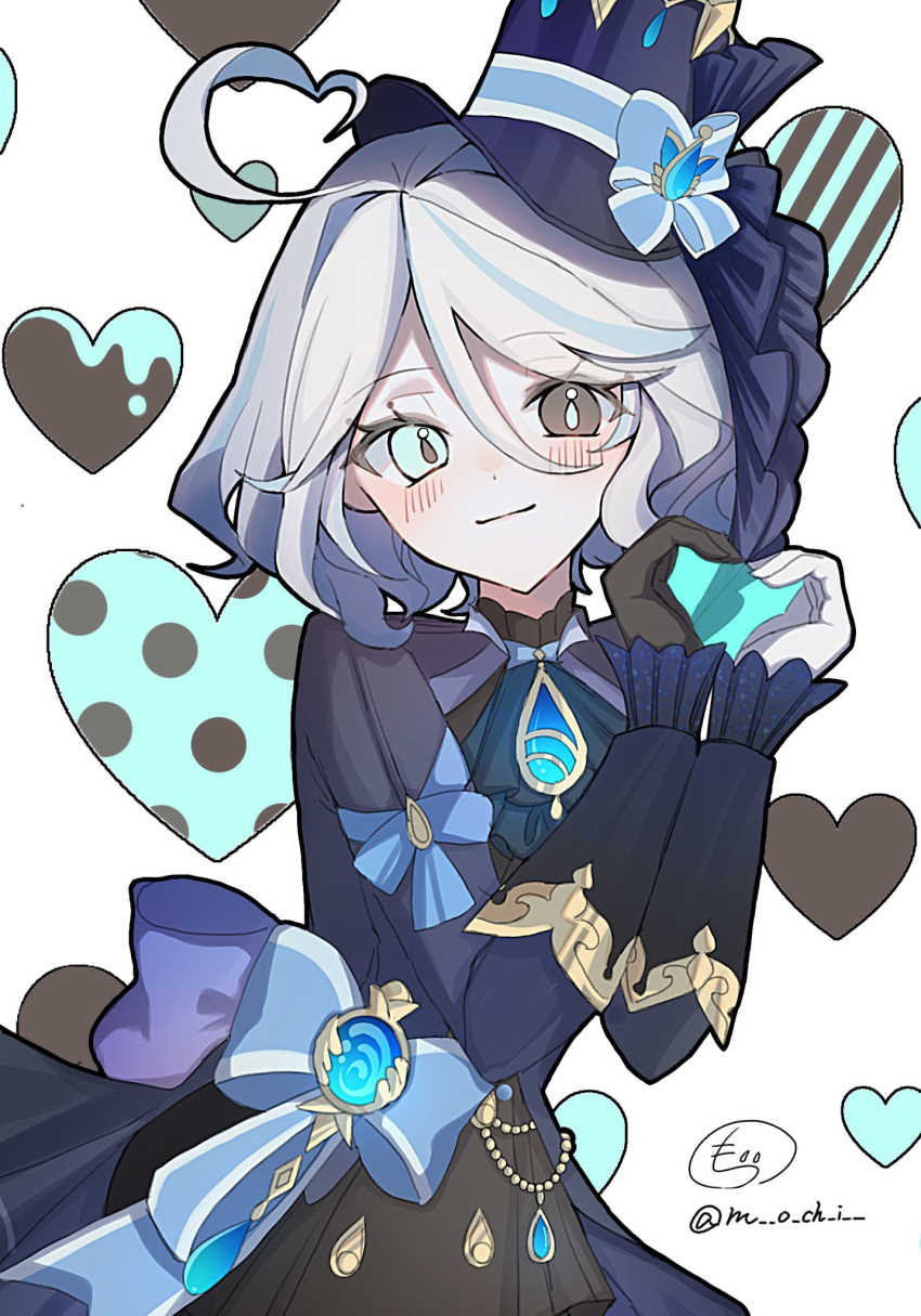 1girl, ahoge, ascot, asymmetrical_gloves, back_bow, black_eyes, black_gloves, blue_ascot, blue_bow, blue_eyes, blue_hair, blue_headwear, blue_jacket, blue_pupils, blue_skirt, blush, bow, brooch, closed_mouth, cowboy_shot, dot_nose, furina_(genshin_impact), genshin_impact, gloves, hair_between_eyes, hat, heart, heart_ahoge, heart_background, heterochromia, highres, jacket, jewelry, long_sleeves, m_o_ch_i, mini_hat, mini_top_hat, mismatched_gloves, multicolored_hair, pleated_skirt, purple_bow, signature, simple_background, skirt, smile, solo, streaked_hair, top_hat, twitter_username, vision_(genshin_impact), waist_bow, white_background, white_gloves
