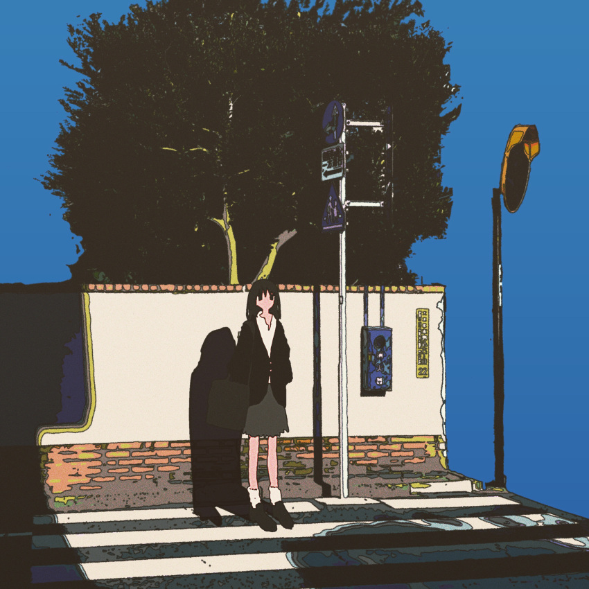 1girl, absurdres, bag, black_cardigan, black_eyes, black_footwear, black_hair, blue_background