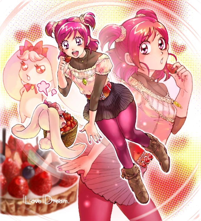 character_request, halftone_background, hitokui, legs, milk_(precure_5), miniskirt, pantyhose, pink_eyes, pink_hair, pink_legwear, pink_pantyhose, precure, skirt, two_side_up, yes!_precure_5, yumehara_nozomi