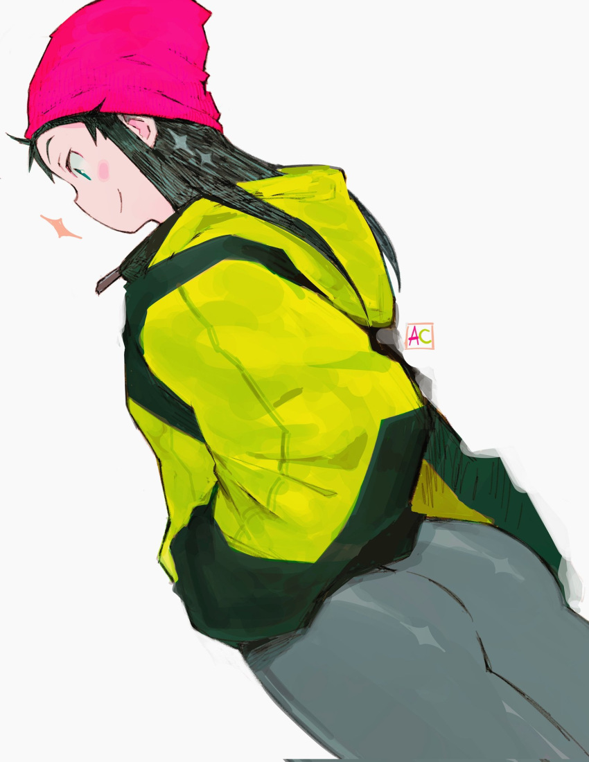 1girl, andrewcockroach, ass, back, beanie, black_hair, black_hoodie, blue_eyes