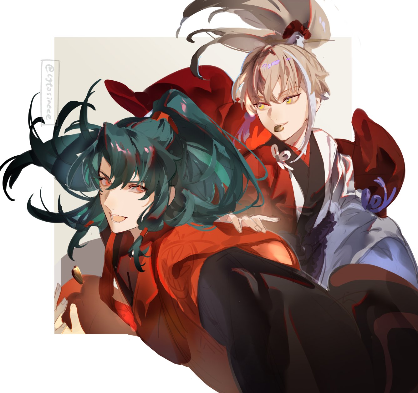 2boys, archer_(fate/samurai_remnant), candy, chinese_clothes, chinese_hairpin, chocolate, cytosineee, fate/samurai_remnant, fate_(series), food, food_in_mouth, green_hair, grey_hair, hair_tubes, half_updo, hand_on_another's_shoulder, hanfu, heart, heart-shaped_chocolate, high_ponytail, highres, long_hair, long_sleeves, looking_at_viewer, multicolored_hair, multiple_boys, open_mouth, red_eyes, smile, twitter_username, upper_body, white_background, wide_sleeves, yellow_eyes, zheng_chenggong_(fate)