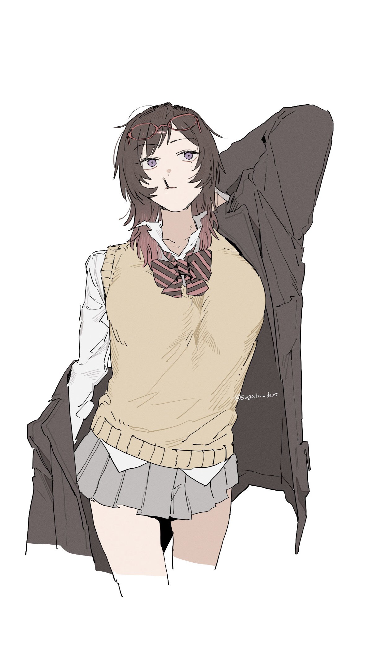 1girl, artist_name, brown_coat, brown_hair, coat, copyright_request, eyewear_on_head, glasses