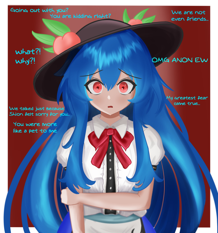 1girl, absurdres, black_headwear, blue_hair, bow, bowtie, center_frills, commentary