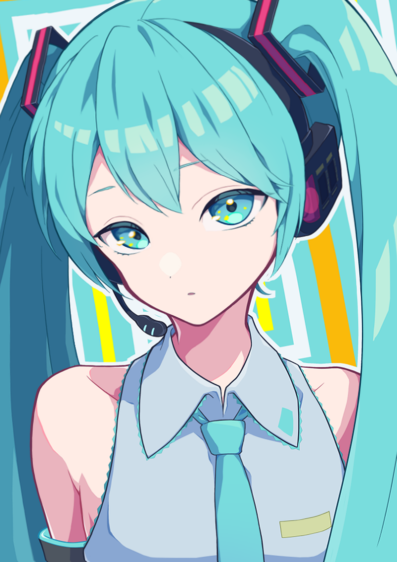 1girl, aqua_eyes, aqua_hair, aqua_necktie, bare_shoulders, black_sleeves, blush, blush_stickers