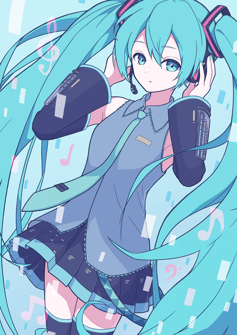 1girl, aqua_eyes, aqua_hair, aqua_necktie, bare_shoulders, black_sleeves, blush, blush_stickers, detached_sleeves, grey_shirt, hair_between_eyes, hatsune_miku, headset, long_hair, long_sleeves, looking_at_viewer, looking_to_the_side, masoogenki, necktie, shirt, sidelocks, simple_background, solo, twintails, upper_body, very_long_hair, vocaloid, wavy_mouth, white_background, wide_sleeves