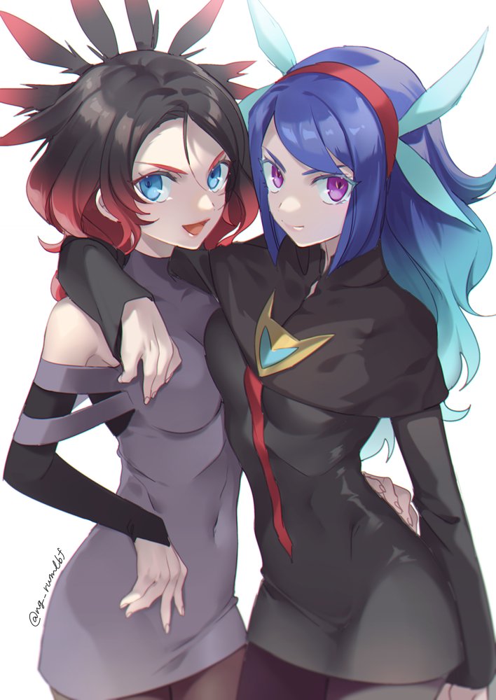 2girls, arm_around_shoulder, black_dress, blue_eyes, blue_hair, clothing_cutout, dress, gradient_hair