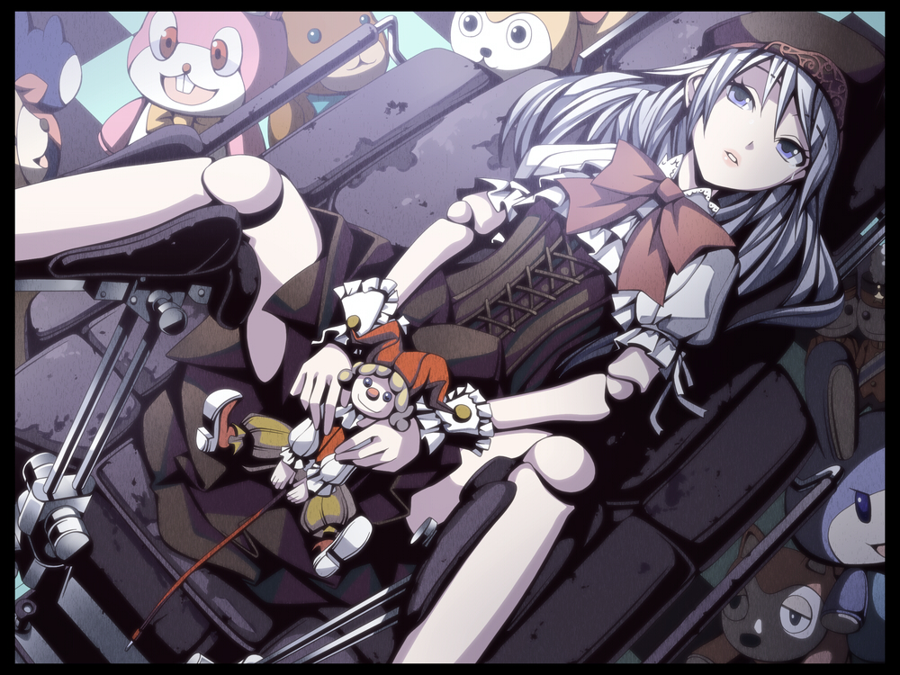 bow, corset, covering, covering_crotch, doll_joints, grey_eyes, gyn_chair, hat, lying, on_back, original, silver_eyes, silver_hair, solo, stuffed_animal, stuffed_bunny, stuffed_rabbit, stuffed_toy, torigoe_takumi