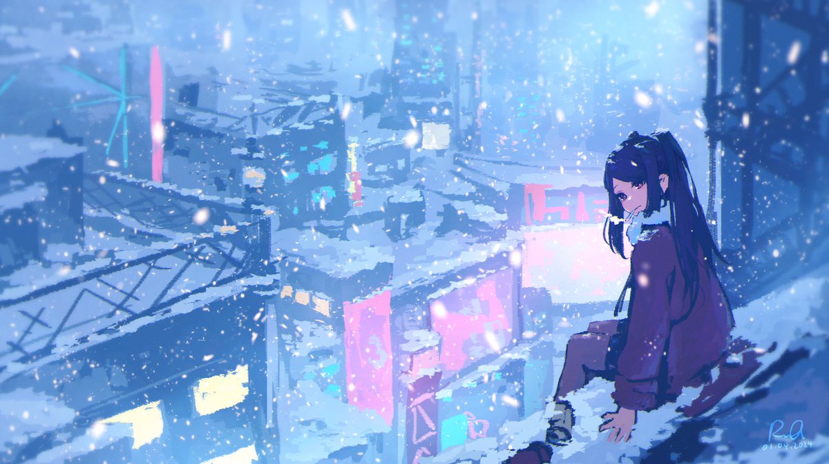 1girl, arms_at_sides, black_hair, black_pantyhose, black_skirt, cigarette, cityscape, dangling