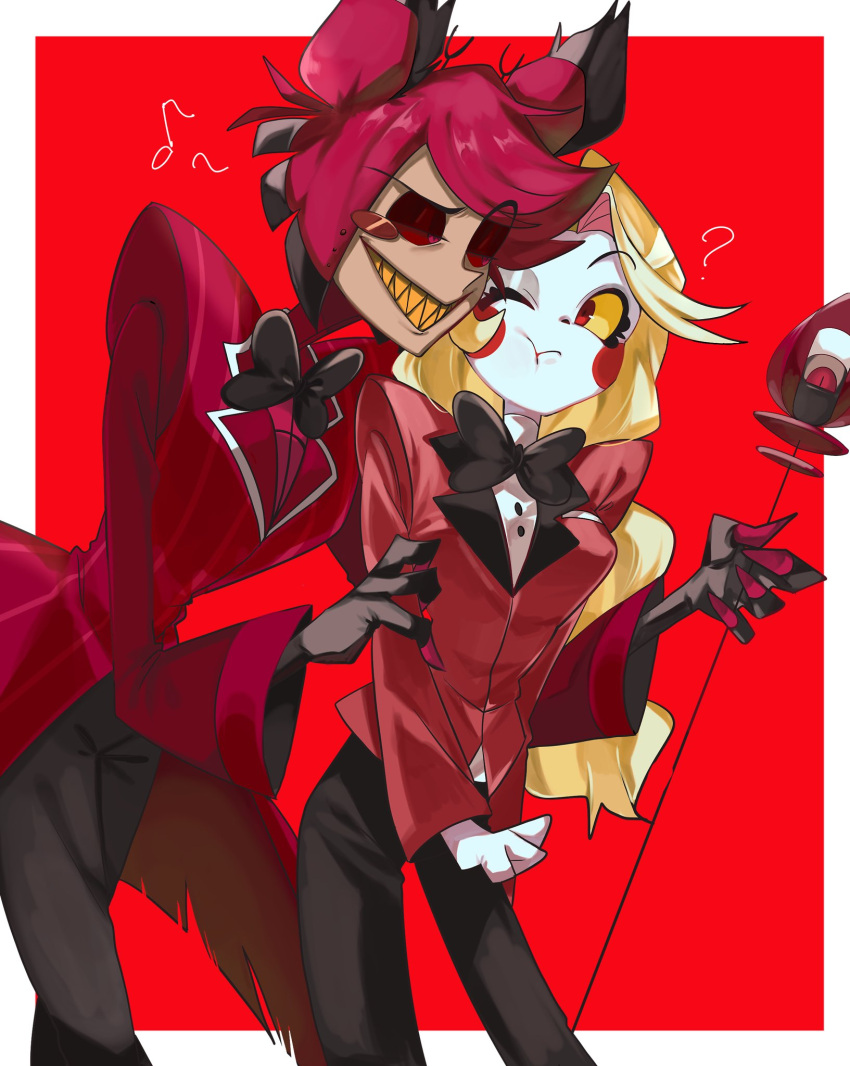 1boy, 1girl, alastor_(hazbin_hotel), black_hair, blonde_hair, bow, bowtie, cane, charlie_morningstar, clenched_hand, colored_sclera, formal, grin, hazbin_hotel, highres, holding, holding_cane, honeko_06, long_hair, multicolored_hair, one_eye_closed, pale_skin, red_background, red_eyes, red_sclera, redhead, sharp_teeth, short_hair, smile, suit, teeth