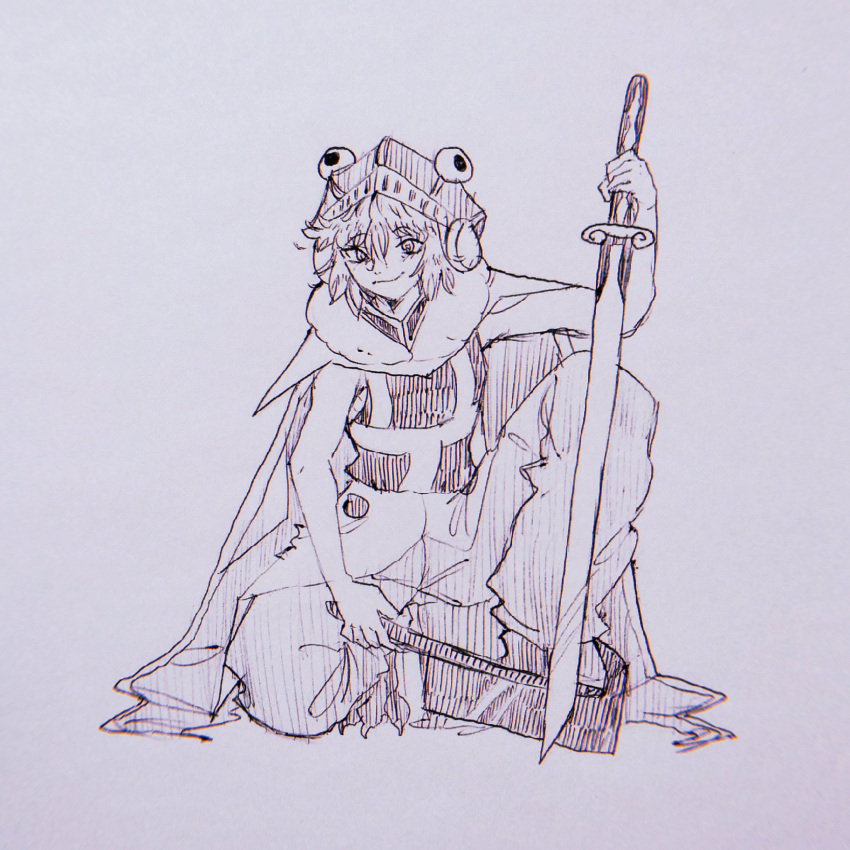 1other, androgynous, animal_feet, animal_helmet, bare_arms, barefoot, cape, closed_mouth