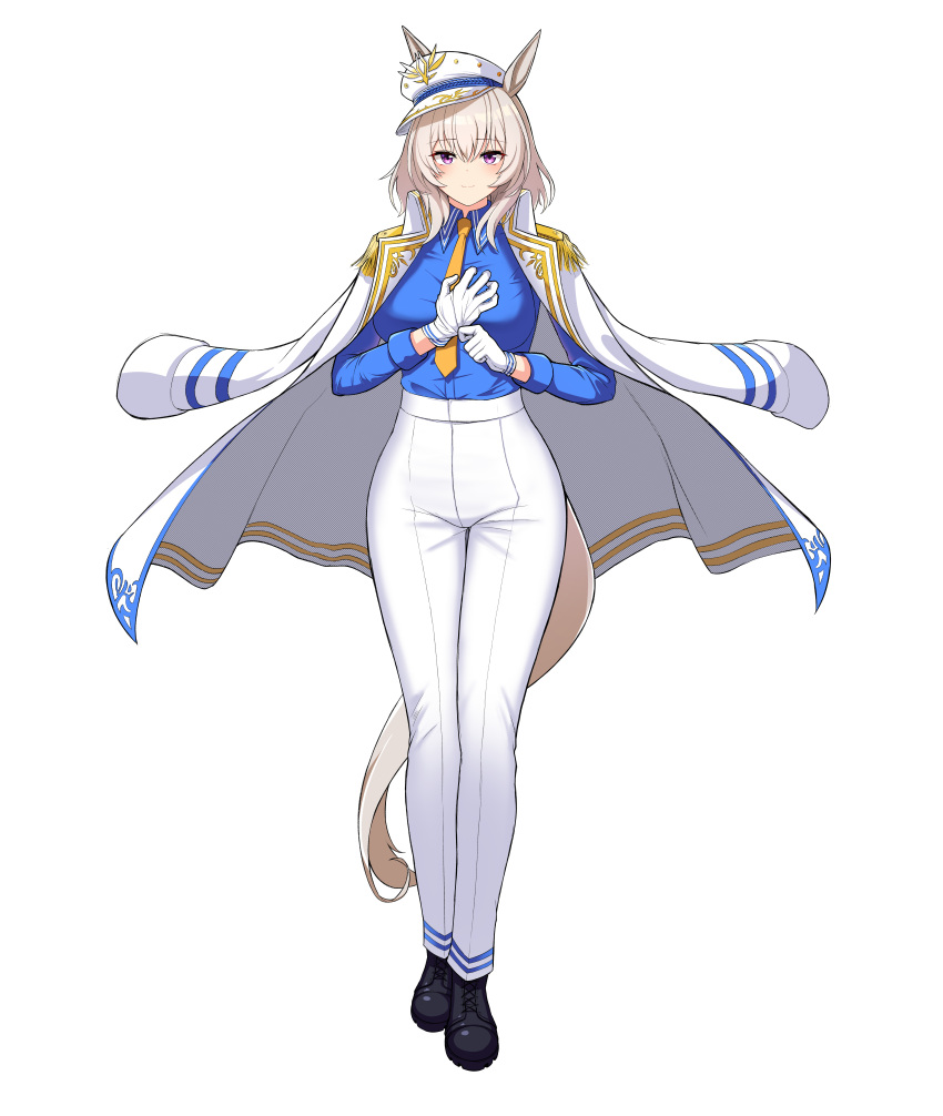 1girl, absurdres, adjusting_clothes, adjusting_gloves, animal_ears, bails, black_footwear, blue_shirt