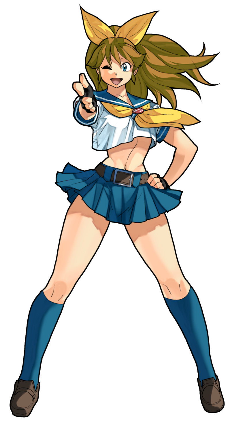 belt, black_gloves, blue_eyes, blue_skirt, brown_hair, finger_gun, fingerless_gloves, gloves