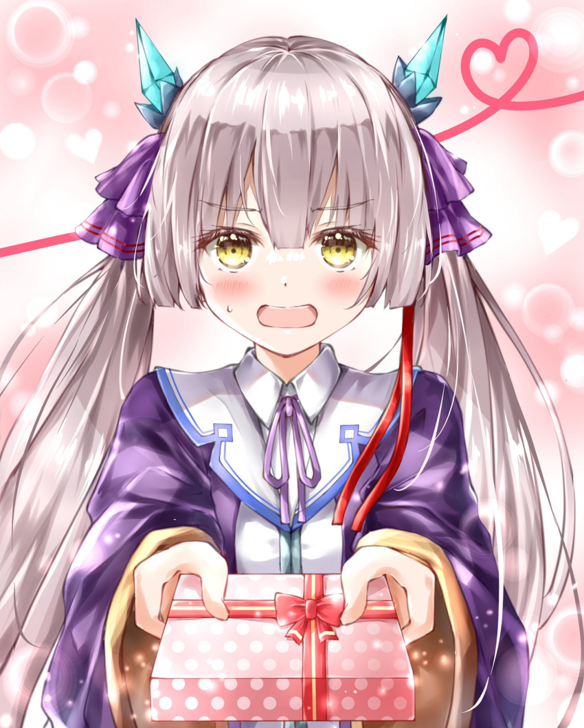 1girl, black_jacket, blush, gift, grey_hair, heaven_burns_red, highres, holding