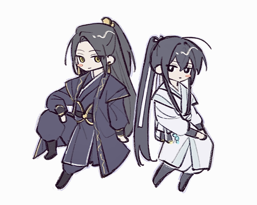 2boys, arm_on_knee, black_hair, black_robe, chibi, commentary, dangle_earrings, earrings