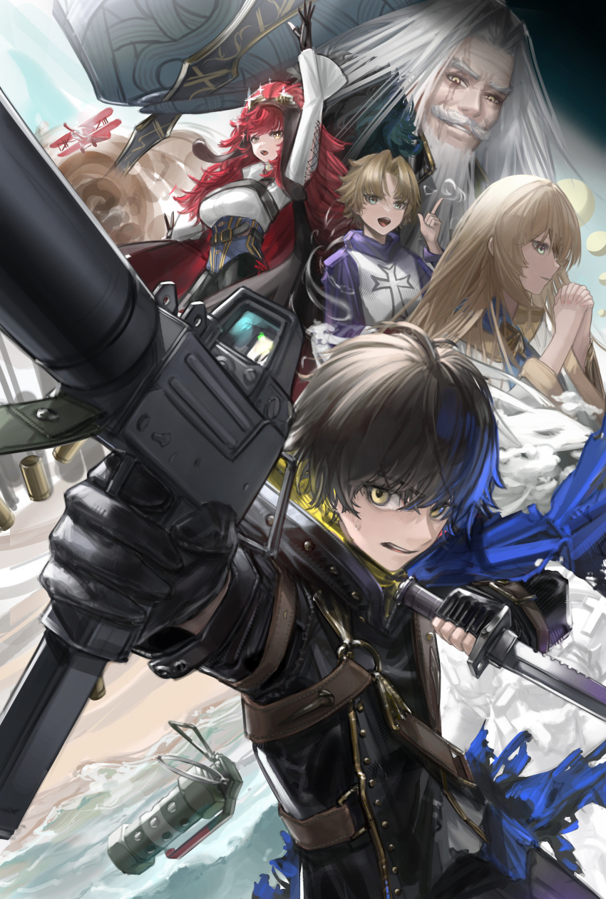 1girl, 4boys, absurdres, aircraft, airplane, arm_up, asclepius_(fate/strange_fake), aviator_(fate/strange_fake), aviator_sunglasses, beard, belt, biplane, black_gloves, black_hair, black_jacket, blonde_hair, character_request, check_character, combat_knife, commentary, cross, eyewear_on_head, facial_hair, fate/strange_fake, fate_(series), flashbang, gloves, green_eyes, grin, gun, highres, holding, holding_knife, index_finger_raised, jacket, knife, knight_(fate/strange_fake), long_hair, looking_at_viewer, mac-10/11, multiple_boys, mustache, old, old_man, open_mouth, optical_sight, own_hands_clasped, own_hands_together, parted_lips, redhead, scar, scar_across_eye, shirt, short_hair, sigma_(fate), smile, submachine_gun, sunglasses, suppressor, sweat, teutonic_knight, very_long_hair, watcher_(fate), weapon, white_hair, white_shirt, yellow_eyes, yue_zheng_zhi_yu