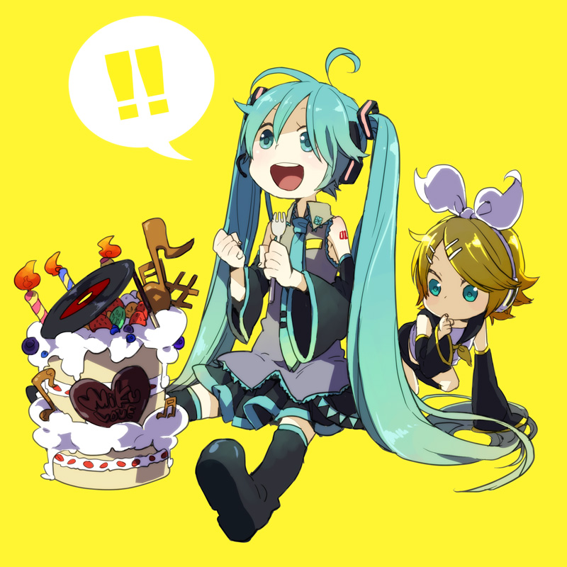 2girls, aqua_hair, birthday_cake, blonde_hair, cake, detached_sleeves, food, fork, hatsune_miku, headset, hidaka_fuuro, kagamine_rin, multiple_girls, necktie, sitting, thigh-highs, thighhighs, twintails, vocaloid