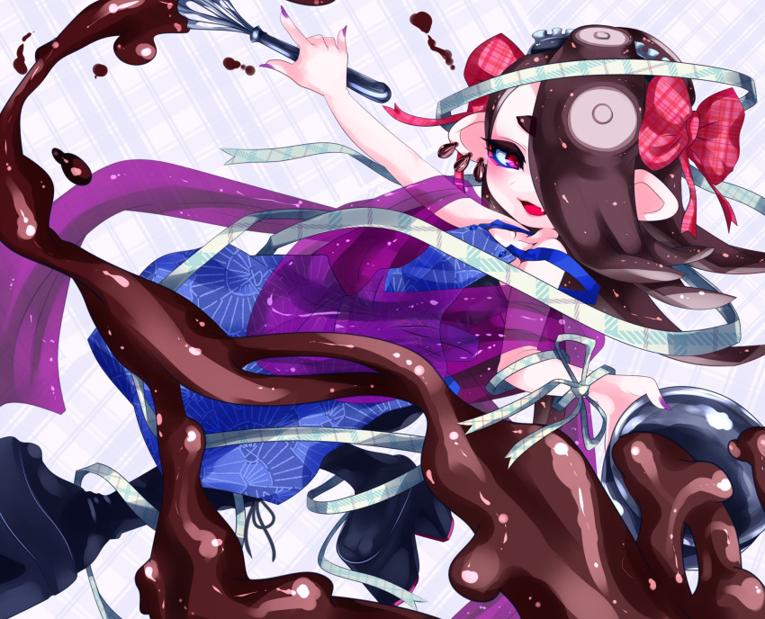1girl, apron, blue_apron, brown_hair, bucket, cacao_fruit, chocolate, commentary_request
