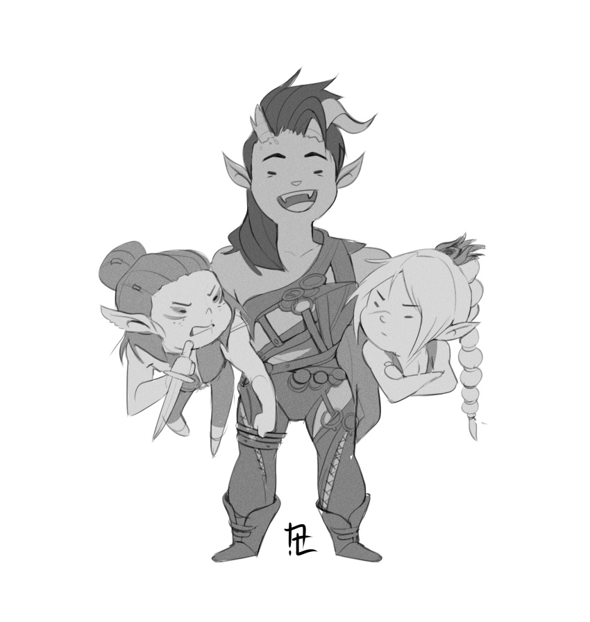 3girls, :d, absurdres, baldur's_gate, baldur's_gate_3, broken_horn, carrying, carrying_person, carrying_under_arm, clenched_teeth, collarbone, crossed_arms, demon_girl, demon_horns, dungeons_and_dragons, facing_another, fangs, gabbiepicasso, hair_ornament, happy, highres, holding, holding_knife, horns, karlach, knife, lae'zel, multi-tied_hair, multiple_girls, pointy_ears, shadowheart_(baldur's_gate), smile, standing, teeth, upper_teeth_only