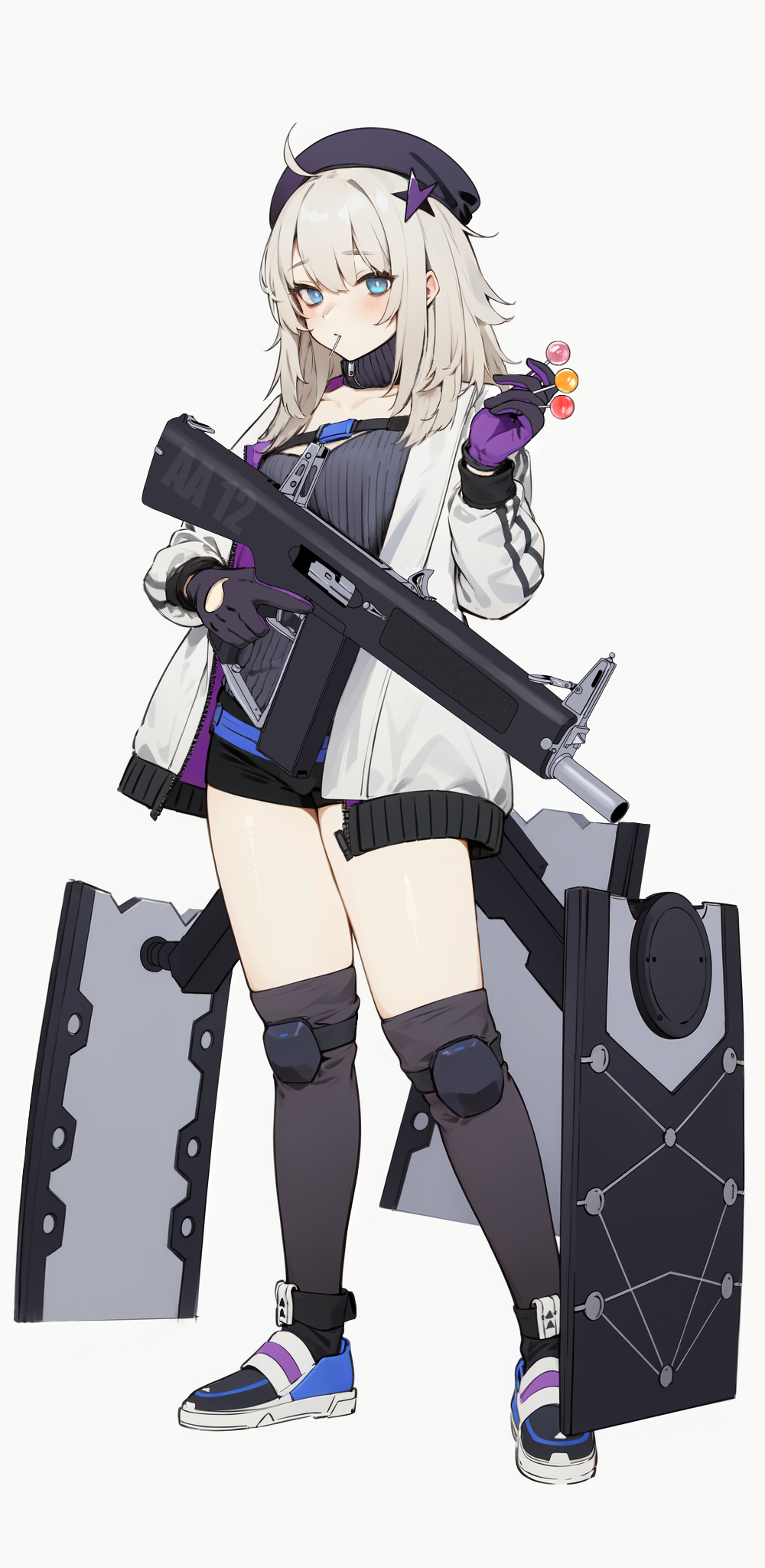 1girl, aa-12, aa-12_(girls'_frontline), ahoge, ai-assisted, beanie, black_gloves, black_headwear