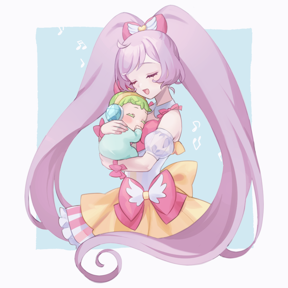 2girls, :d, ahoge, baby, bare_shoulders, bow, closed_eyes, cropped_legs