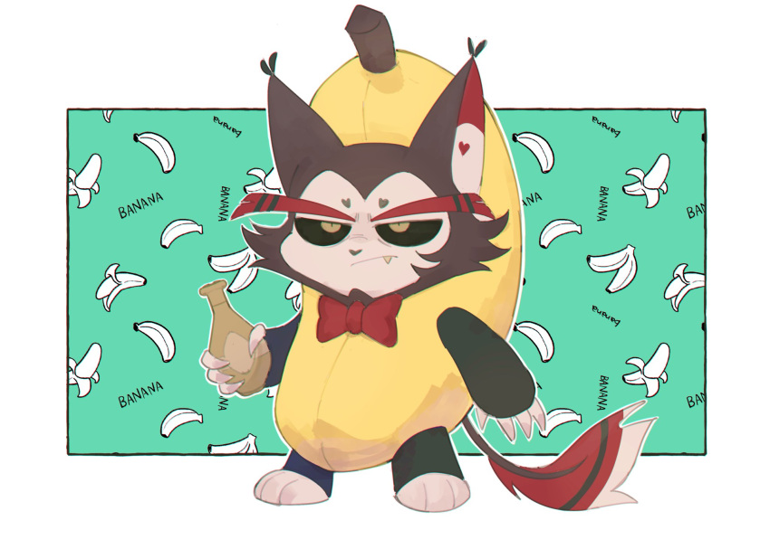 1boy, animal_ears, animal_nose, aqua_background, banana, banana_costume, black_sclera, border, bottle, bow, bowtie, brown_fur, cat_ears, chibi, chromatic_aberration, claws, closed_mouth, colored_sclera, fang, fang_out, food, frown, fruit, full_body, fur-tipped_tail, furry, furry_male, hazbin_hotel, highres, holding, holding_bottle, husk_(hazbin_hotel), jitome, male_focus, meme, natto_rain, outside_border, red_bow, red_bowtie, sad_banana_cat_(meme), simple_background, solo, tail, traditional_bowtie, two-tone_fur, white_border, white_fur, yellow_eyes
