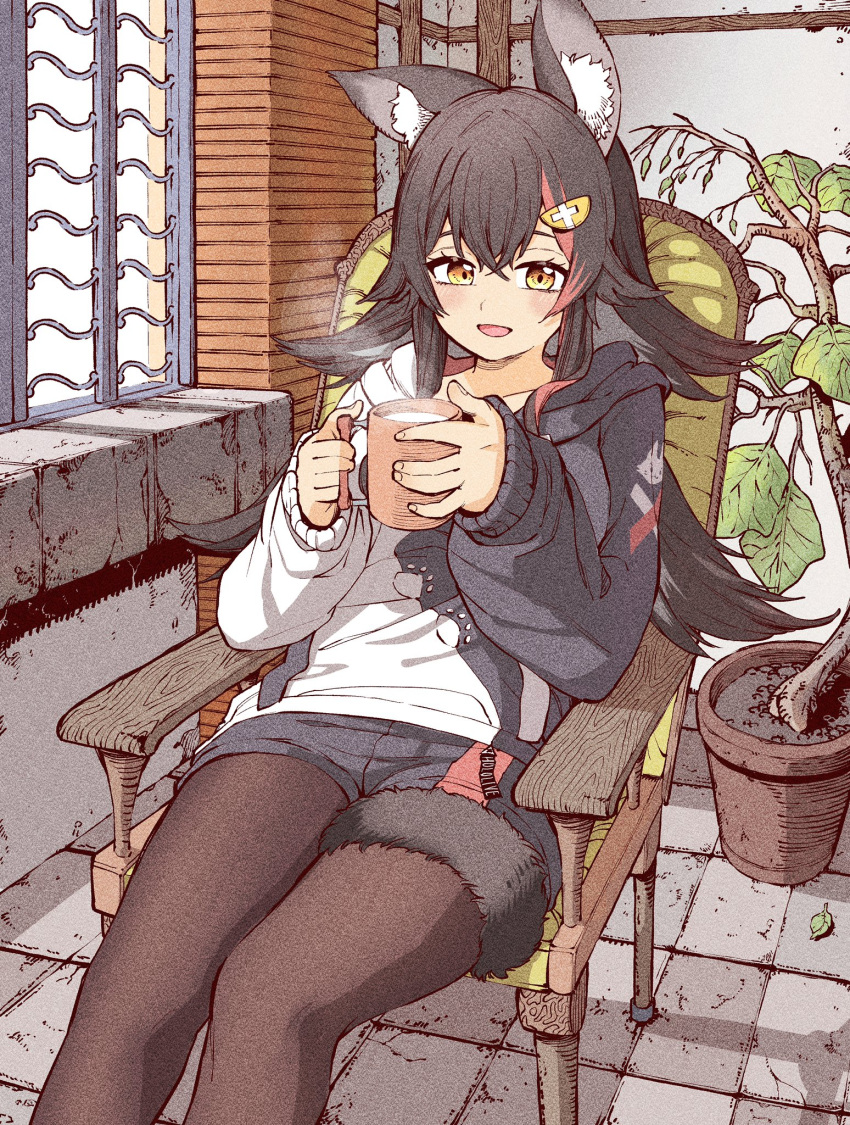 1girl, animal_ear_fluff, animal_ears, arm_rest, black_hair, black_hoodie, drink, hair_between_eyes