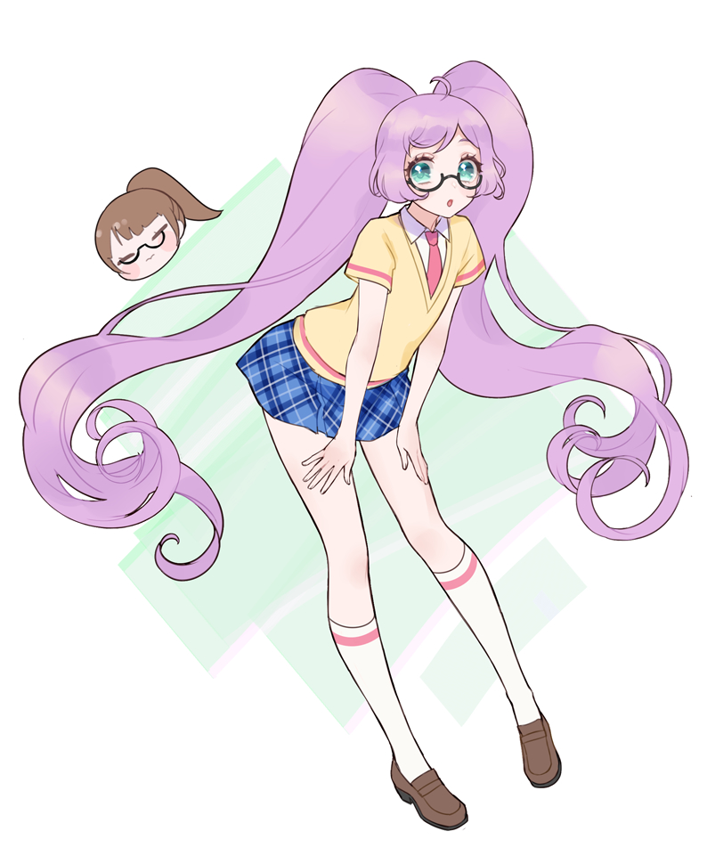 2girls, ahoge, bespectacled, black-framed_eyewear, blue_eyes, blue_skirt, blunt_bangs, brown_footwear