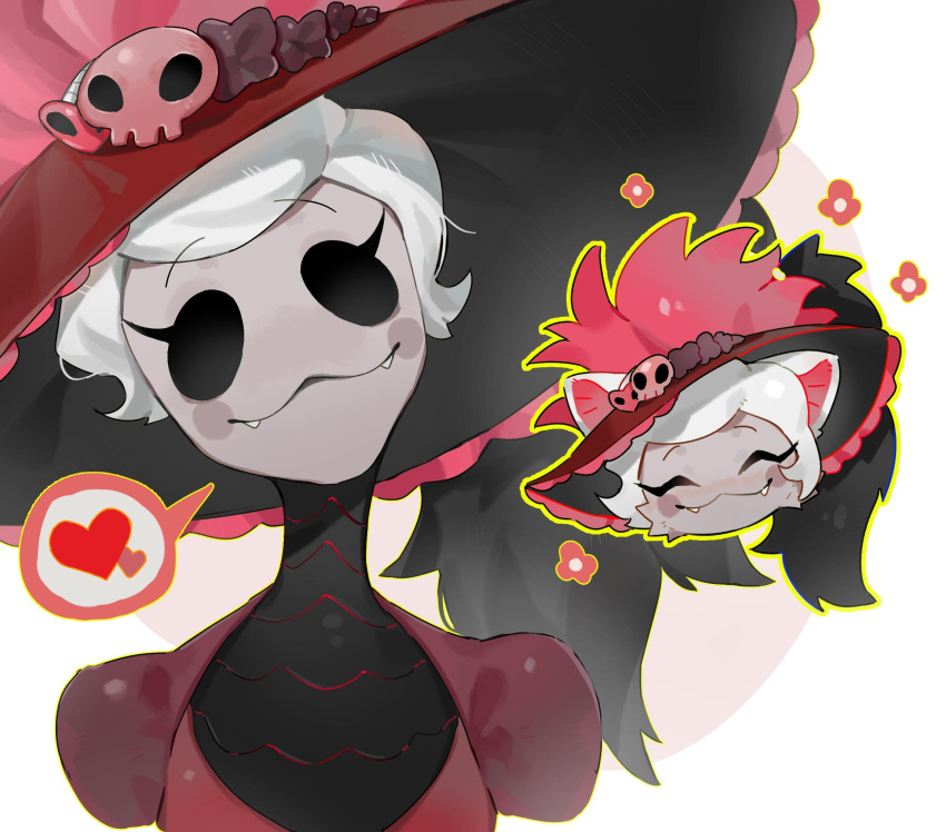 1girl, :3, ^_^, animal_ears, cat_ears, chinese_commentary, closed_eyes, closed_mouth, colored_skin, commentary_request, eyelashes, fangs, fangs_out, feathers, flower, grey_skin, hat, hat_feather, hazbin_hotel, head_tilt, heart, highres, liu_he_gou_de_guan, looking_at_viewer, multiple_views, outline, pink_background, puffy_short_sleeves, puffy_sleeves, red_feathers, red_headwear, rosie_(hazbin_hotel), short_hair, short_sleeves, simple_background, solid_oval_eyes, spoken_heart, two-tone_background, upper_body, white_background, white_hair, yellow_outline