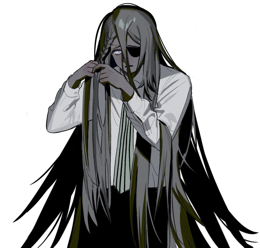 1girl, androgynous, black_pants, blue_eyes, braid, braiding_hair, collared_shirt, dark-skinned_female