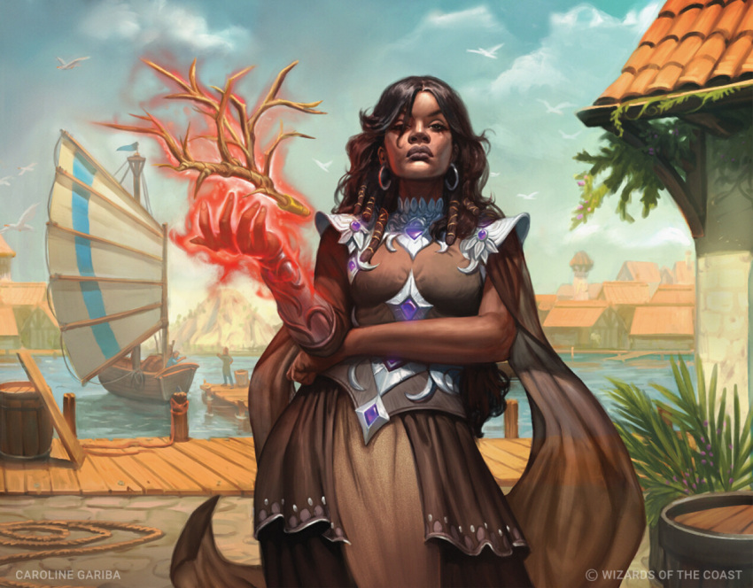 1girl, artist_name, baldur's_gate, barrel, bird, boat, brown_eyes, brown_hair, caroline_gariba, dark_skin, dreadlocks, dungeons_and_dragons, dynaheir, earrings, gem, jewelry, leaf, long_hair, magic, magic:_the_gathering, official_art, sky, solo, water, watercraft