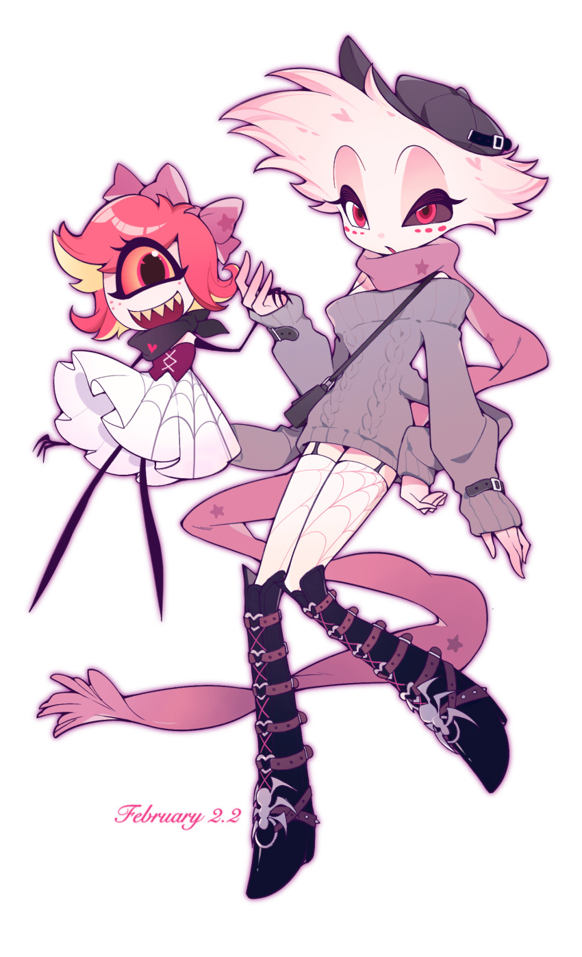 1boy, 1girl, :d, :o, absurdres, alternate_costume, angel_dust, bandana