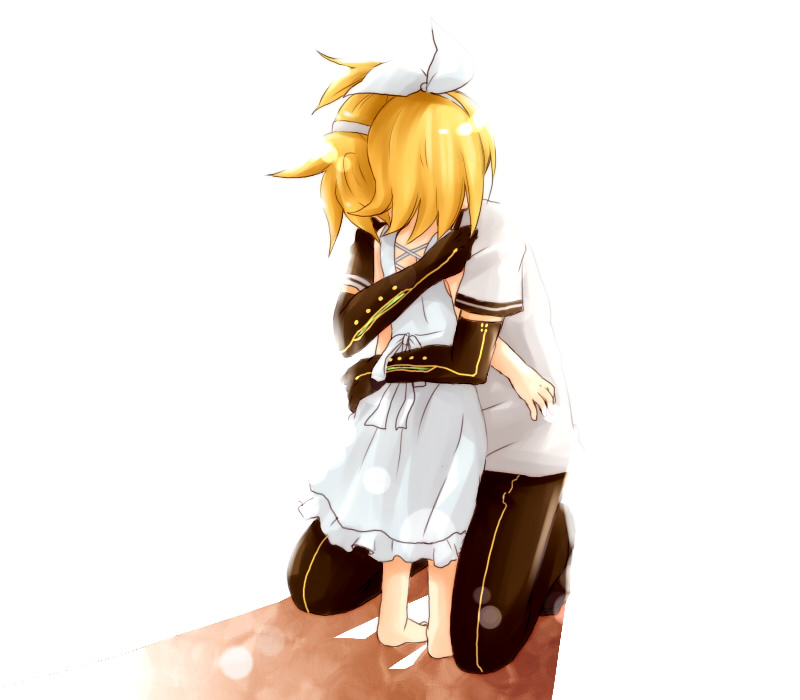 alternate_costume, blonde_hair, blue_eyes, child, detached_sleeves, dress, hair_ribbon, hug