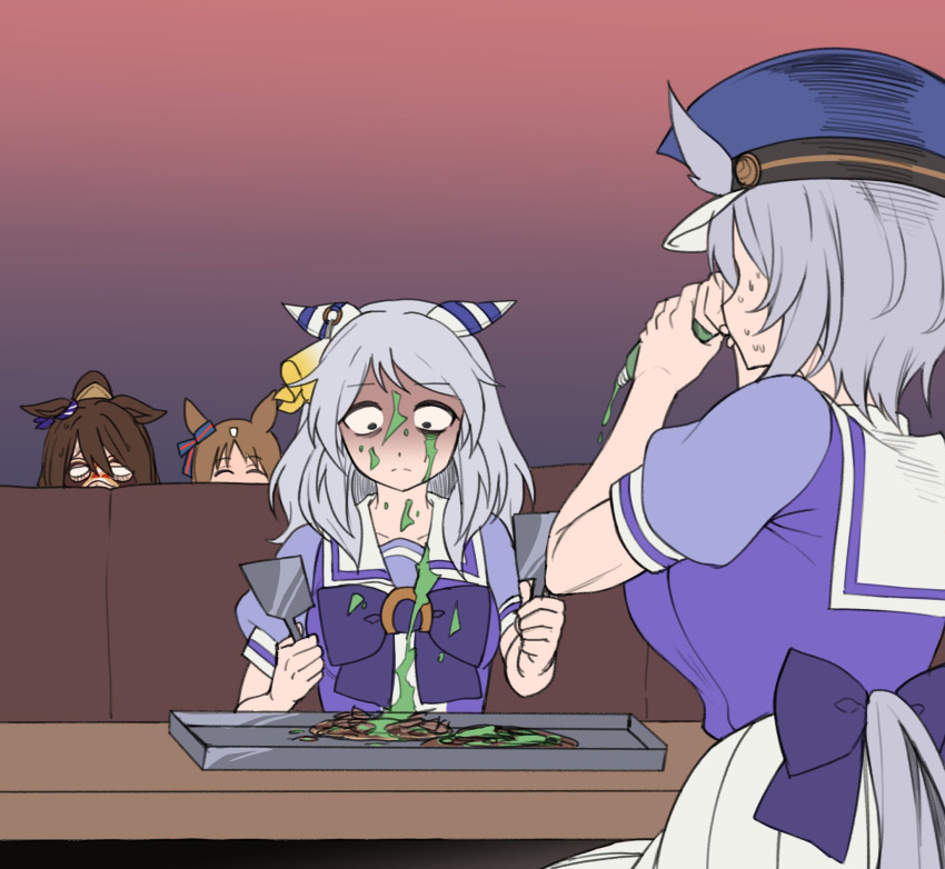 4girls, animal_ears, blank_eyes, blue_bow, blue_headwear, booth_seating, bow, bowtie