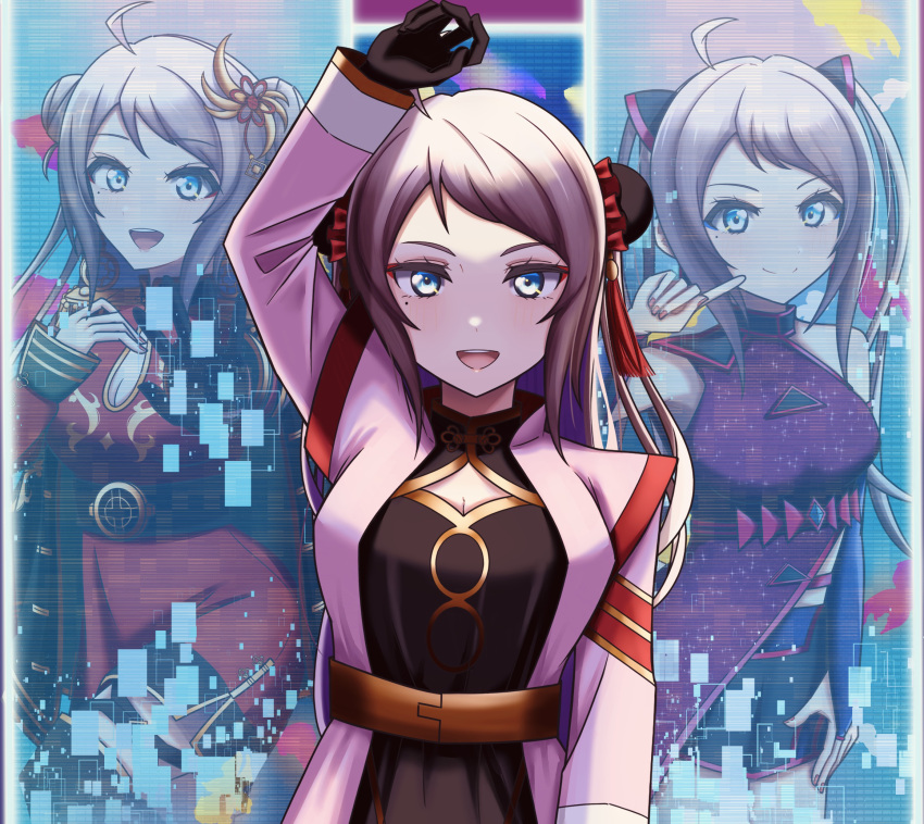 1girl, ahoge, ame_(user_xnsx2337), arm_up, breasts, bridal_gauntlets, bun_cover, china_dress, chinese_clothes, cleavage_cutout, closed_mouth, clothing_cutout, commentary, commentary_request, double_bun, dress, earrings, eutopia_(love_live!), hair_bun, hair_ornament, highres, hoop_earrings, jacket, jewelry, long_hair, long_sleeves, looking_at_viewer, love_live!, love_live!_nijigasaki_high_school_idol_club, medium_breasts, mole, mole_under_eye, multiple_views, open_mouth, pink_hair, pink_jacket, queendom_(love_live!), red_dress, sidelocks, twintails, upper_body, zhong_lanzhu