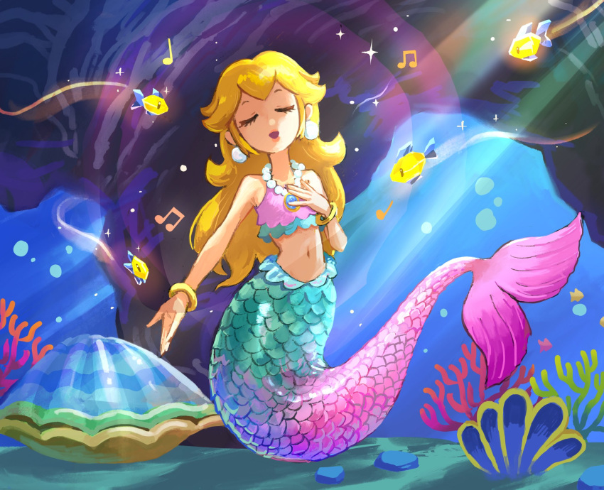 1girl, blonde_hair, bracelet, brooch, clam_shell, closed_eyes, coral, crop_top, earrings, fish, highres, jewelry, long_hair, mermaid, mermaid_peach, monster_girl, musical_note, navel, necklace, official_alternate_costume, open_mouth, pearl_necklace, pink_shirt, princess_peach, princess_peach:_showtime!, shirt, sphere_earrings, super_mario_bros., underwater, ya_mari_6363
