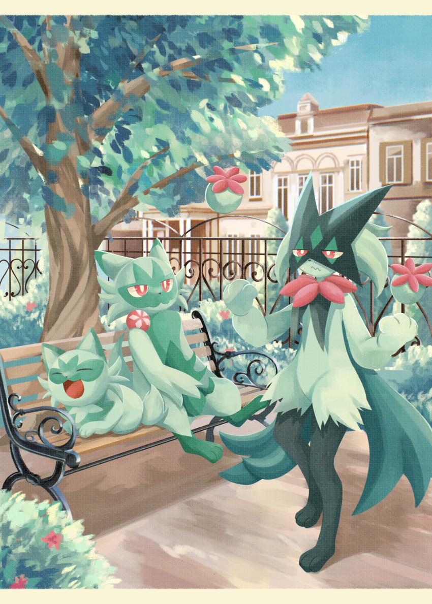 :3, absurdres, bench, bright_pupils, bush, closed_mouth, commentary_request, day