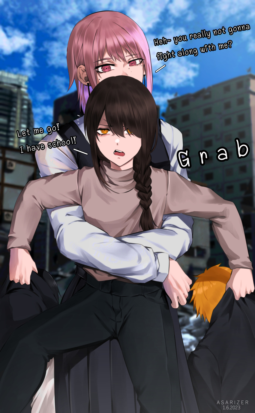 absurdres, artist_name, asarizer, black_dress, black_hair, blue_sky, braid, building, carrying, chainsaw_man, clothes_grab, clouds, commentary, dated, denji_(chainsaw_man), dress, english_commentary, english_text, fami_(chainsaw_man), fourth_east_high_school_uniform, gakuran, hair_over_one_eye, hair_over_shoulder, highres, jacket_grab, mitaka_asa, mole, mole_under_eye, multiple_moles, nayuta_(chainsaw_man), orange_eyes, orange_hair, pinafore_dress, red_eyes, redhead, school_uniform, single_braid, sky, sleeveless, sleeveless_dress, v-shaped_eyebrows