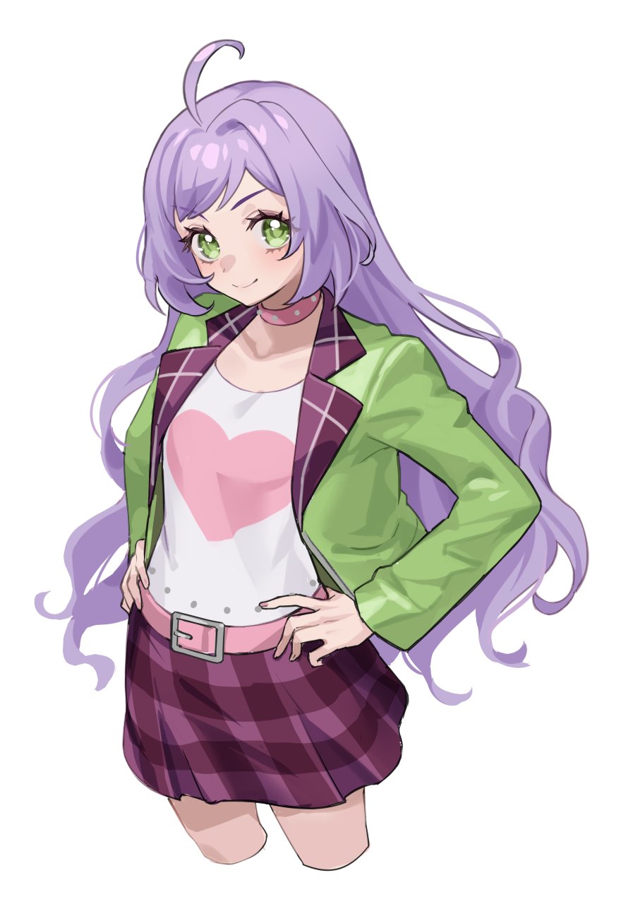 1girl, aged_down, ahoge, belt, choker, closed_mouth, commentary_request, cowboy_shot, cropped_legs, green_eyes, green_jacket, hand_on_own_hip, heart, heart_print, highres, jacket, long_hair, long_sleeves, looking_at_viewer, manaka_himeka, miniskirt, nanceee_305, open_clothes, open_jacket, pink_belt, pink_choker, plaid, plaid_skirt, pretty_series, pripara, purple_hair, purple_skirt, shirt, simple_background, skirt, smile, solo, standing, t-shirt, very_long_hair, white_background, white_shirt