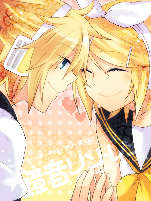 blue_eyes, brother_and_sister, closed_eyes, colored, hair_ornament, hairclip, heart, kagamine_len
