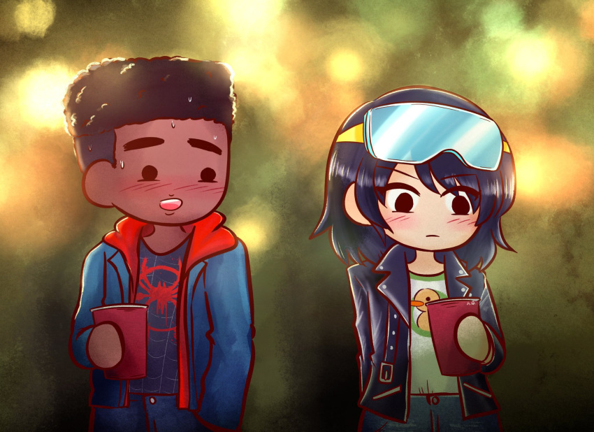 1boy, 1girl, ag_nonsuch, black_hair, black_jacket, blue_jacket, blush, commentary, commission, crossover, cup, dark-skinned_male, dark_skin, disposable_cup, english_commentary, frown, goggles, goggles_on_head, hetero, highres, holding, holding_cup, hood, hoodie, invincible_(series), jacket, marvel, miles_morales, open_mouth, red_hoodie, smile, spider-man_(series), sweat, terra_grayson