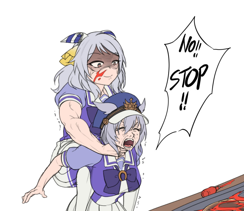 2girls, anger_vein, animal_ears, blue_headwear, bow, bowtie, camel_clutch, closed_eyes